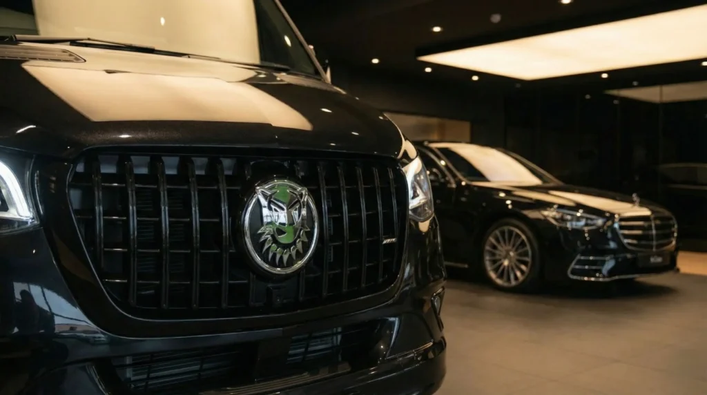 Czarny Mercedes-Benz Sprinter w wersji VIP widoczny z przodu. Luksusowy bus z czarnym grillem Panamericana i felgami premium. Wynajem busów dla delegacji i grup biznesowych w Panther Cars.